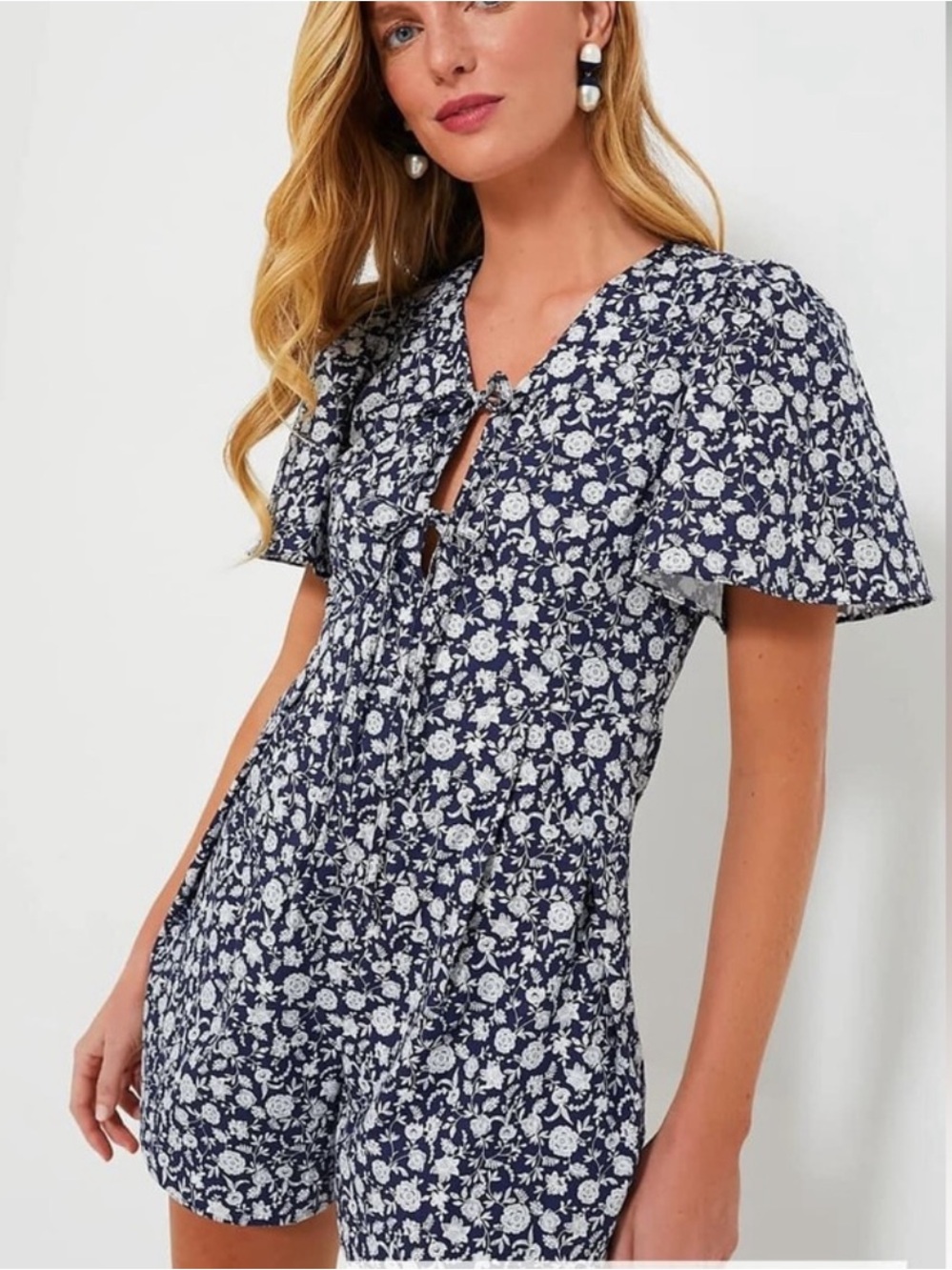 Navy Floral Short Romper with V-Neck Tie